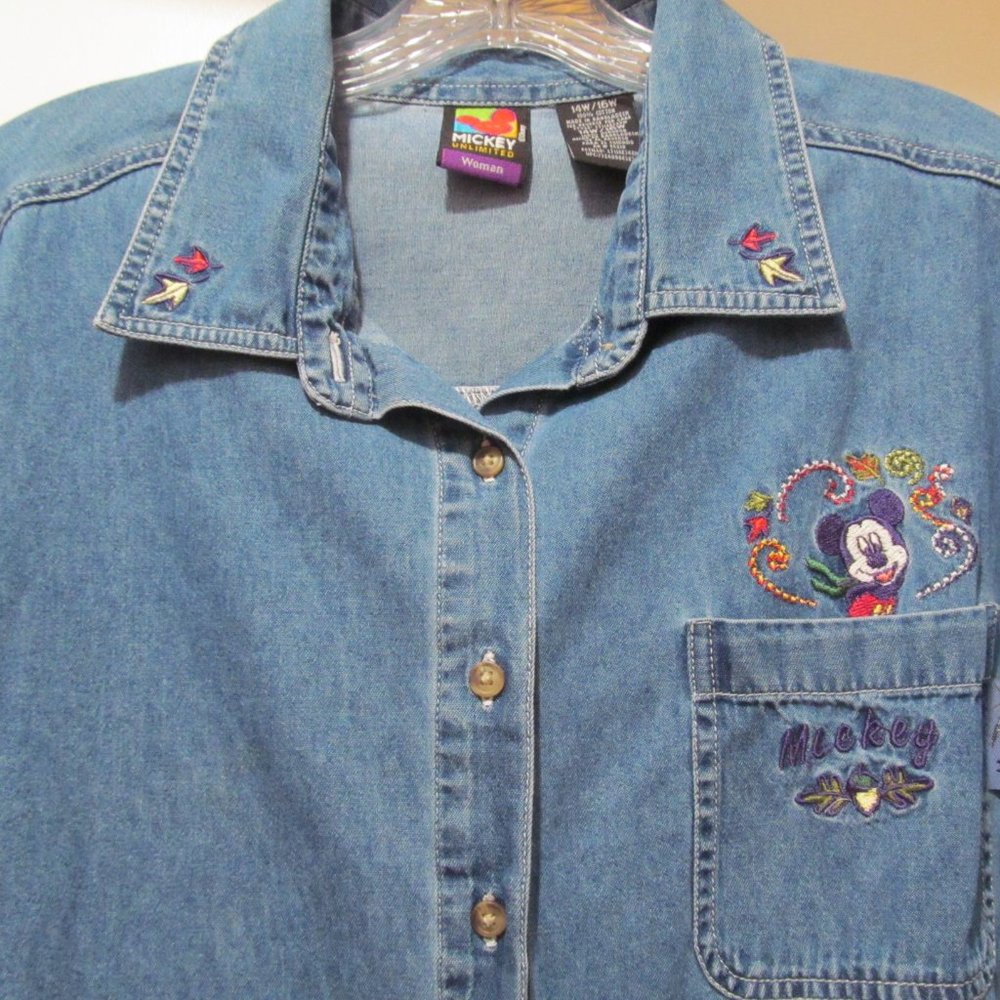 Disney Mickey Unlimited Vintage Mickey Mouse Embroidered Denim Shirt 14W / 16W